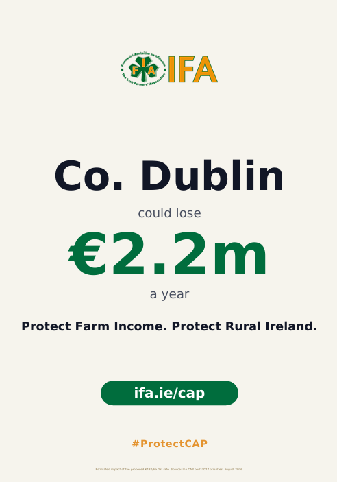 IFAmedia's tweet photo. Dublin could lose up to €2.2 million a year.
IFA is campaigning for an increased CAP budget to protect farmers, farming families and rural communities across Ireland.
Here’s what’s at stake for Co. Dublin.
#ProtectCap https://t.co/zq7Zh9E350