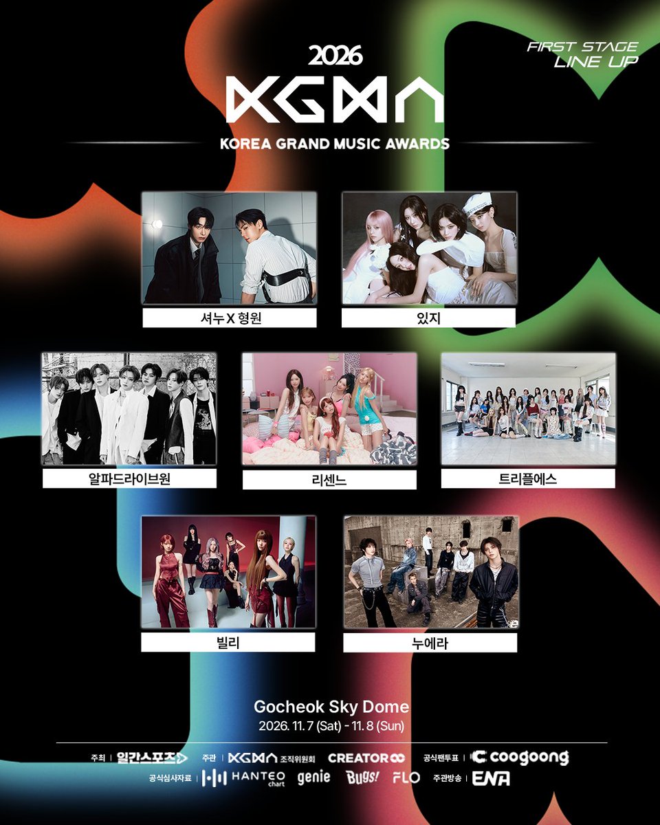 ilgansports's tweet photo. 🏆 2026 KGMA FIRST STAGE 🏆

2026 KGMA의 시작을 알릴 FIRST STAGE! ✨
KGMA의 무대를 먼저 열어갈 아티스트들을 소개합니다.

SHOWNU X HYUNGWON · ITZY · ALPHA DRIVE ONE · RESCENE
tripleS · Billlie · NouerA

📅 2026.11.07(SAT) - 11.08(SUN) https://t.co/KXE1UF96tr