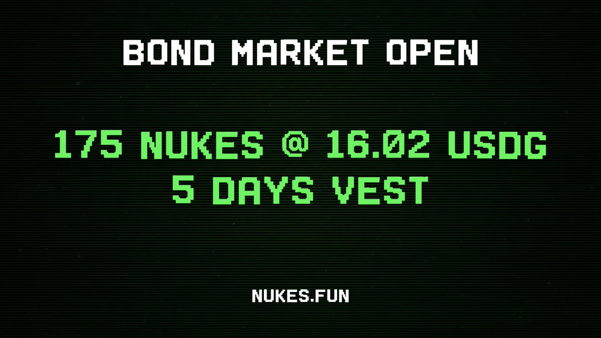 nukesfun's tweet photo. ☢️ New NUKE bond market live:
• Price: 16.02 USDG per NUKE
• Capacity: 175 NUKE
• Vesting: 5 days
• Proceeds: https://t.co/yIqabvrh5B Treasury https://t.co/oQrgQn6Cqg