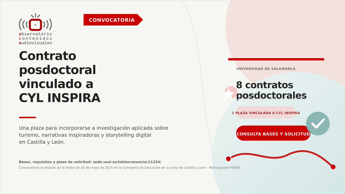 OCA_usal's tweet photo. 📣 La USAL ha publicado una convocatoria de 8 contratos postdoctorales, incluido un contrato vinculado a CYL INSPIRA, un proyecto sobre turismo, narrativas inspiradoras y storytelling digital en CYL.
Web del proyecto:
https://t.co/VkvsRW3SqH
Convocatoria:
https://t.co/t7LW8rcb3h https://t.co/6ftrhUUnht