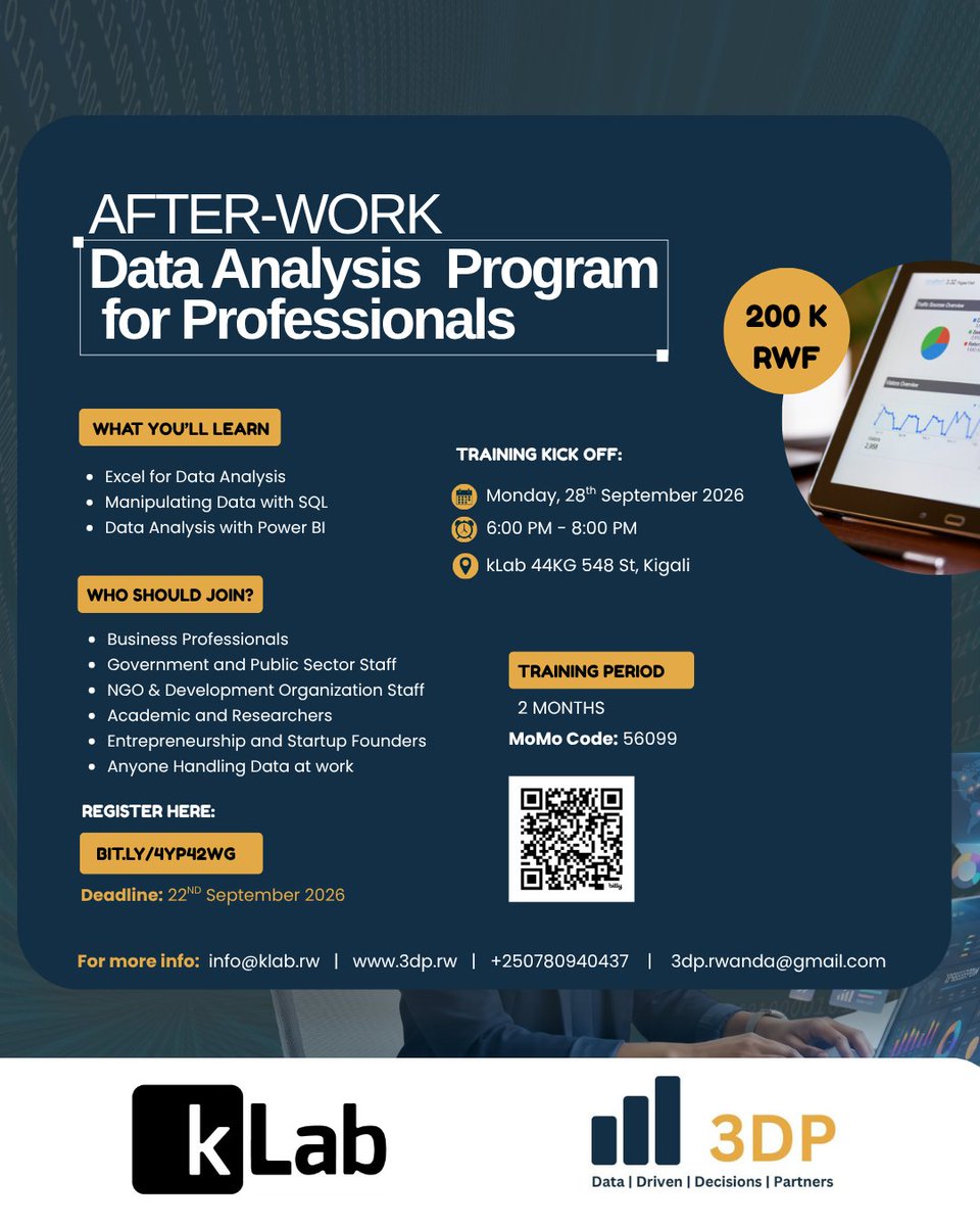 klabrw's tweet photo. Ready to become a Data Analyst Professional? 

Whether you work in finance, healthcare, agriculture, business, technology, government, or any other sector, if you deal with data in your work, you’re eligible!

Learn Excel, SQL & Power BI, build practical skills, and learn how to turn data into actionable insights.

🎓 2-month After-Work Program
📅 Starts: 28 September | 200K RWF
⏳ Deadline: 22 September 2026

Register Here: https://t.co/g2Oz6NkY0a

#kLab #DataAnalytics #ProfessionalDevelopment