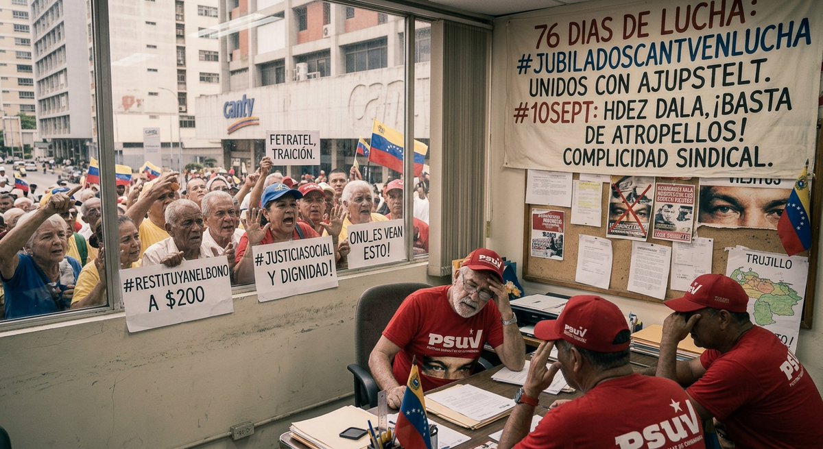 joluvague's tweet photo. #10Sept ¡Justicia social y dignidad! En #76Dias los #JubiladosCantvEnLucha unimos filas con @AjupstelT contra los atropellos de Hdez Dala y la complicidad sindical. @SalaPrensaCantv #RestituyanElBono Complemento al Ingreso Mínimo Vital a $200 @ReporteYa @Dinorahfiguera @ONU_es https://t.co/r7KhN3xDD1