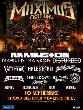 AcostaMzk's tweet photo. El 10 de septiembre de 2016, 10 años atrás, se realizaba la 1era edición de @MaximusFestArg en #BuenosAires 🇦🇷 donde se presentaron @RSprachrohr ,@Disturbed @hellyeahband ,@marilynmanson ,@Halestorm ,@BlkStoneCherry ,@Shinedown ,@bfmvofficial y @hollywoodundead .

📸 @AcostaMzk https://t.co/n2hS5NFiwk