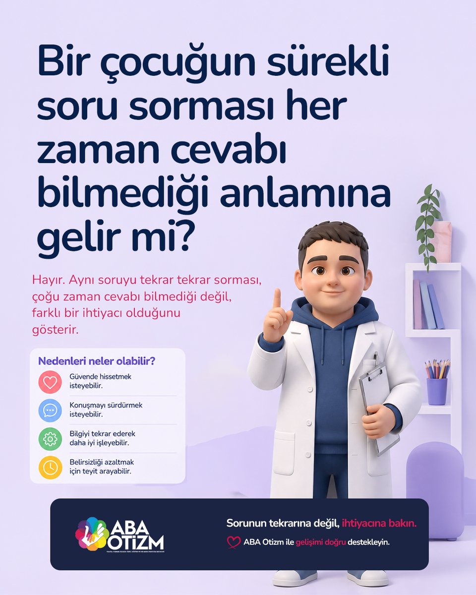 abaotizm's tweet photo. Aynı soruyu tekrar sormak, cevabı bilmemek değil; güven, iletişim ya da belirsizliği azaltma ihtiyacı olabilir.

#abaotizm #otizm #çocukgelişimi #farkındalık https://t.co/GasRuc4asX