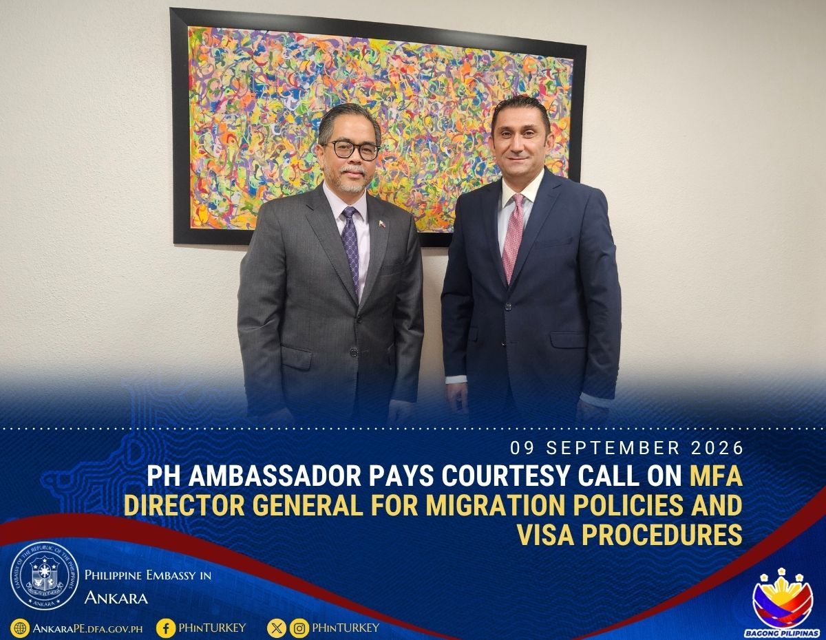 PHinTurkey's tweet photo. Amb. Jaime Ramon T. Ascalon, Jr. met Amb. Reyhan Özgür, MFA DG for Migration Policies and Visa Procedures. Amb. Ascalon thanked the Turkish government for assistance to Filipino nationals and seafarers taking repatriation flights back to the Philippines from Türkiye.#PHinTürkiye https://t.co/tA2V75j1jz