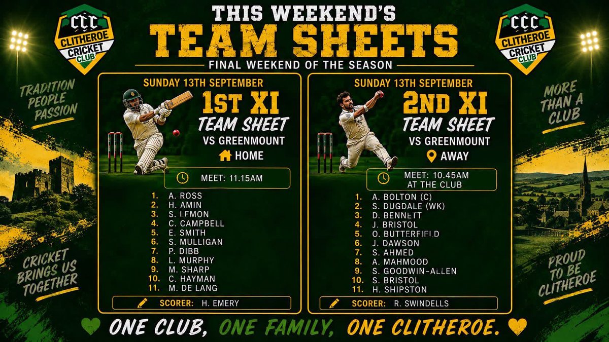 Clitheroe_CC's tweet photo. Team sheets for the final weekend of the season 💚💛

12.30 starts. 

Bar open from 12 at Chatburn Road 🍺 Come down and back the lads for one last time this season 💚💛 https://t.co/eUiDmTipdl