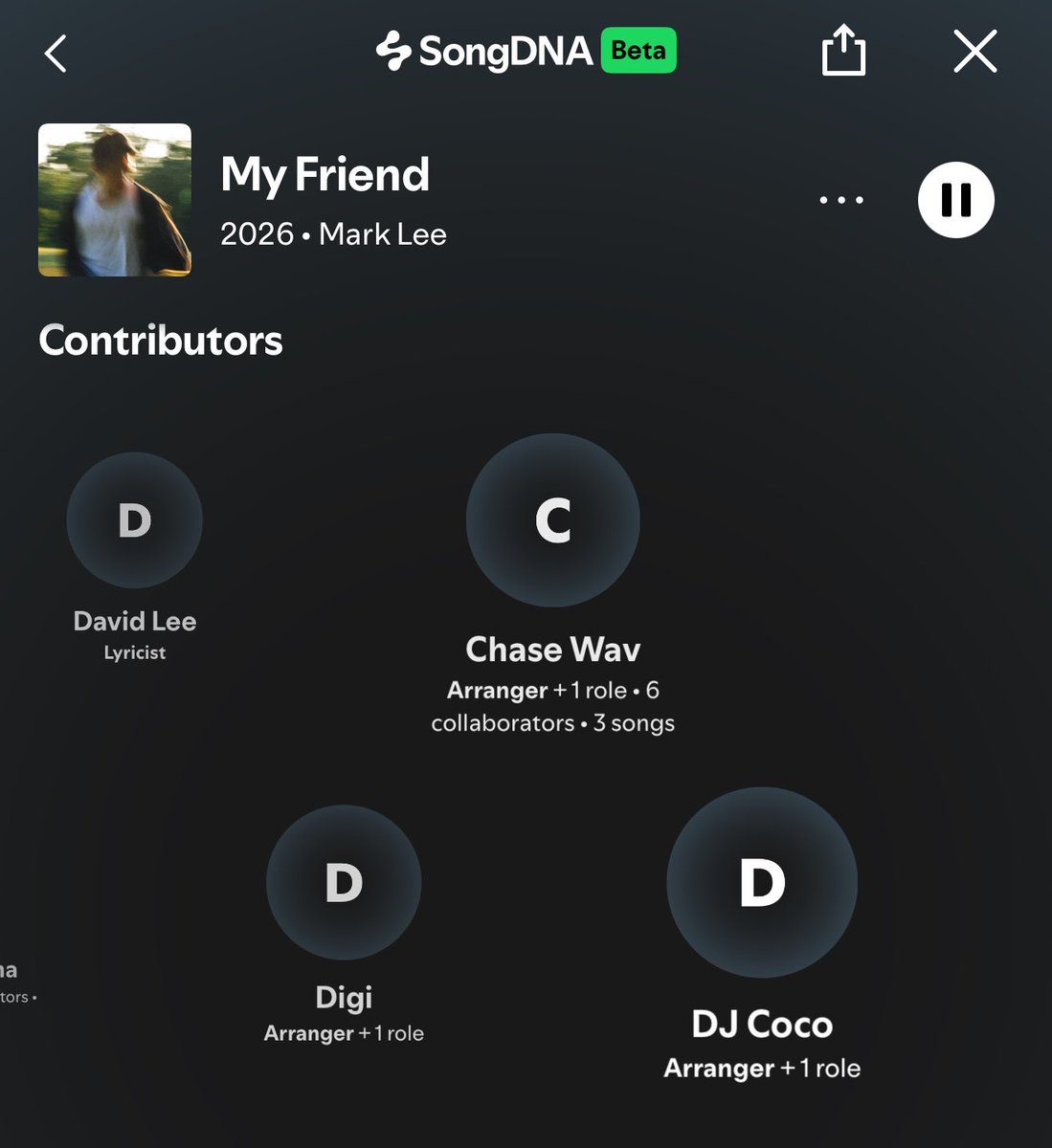 mcouverr's tweet photo. The creators of “MY FRIEND”

Song DNA : mark lee, david lee, trinidad cardora, digi, chase wav, DJ coco

Songwriters : mark lee, david lee
Composer : mark lee, trinidad cardona
Arranger : mark lee, digi, chase wav, DJ coco
Producer : digi, chase wav, DJ coco
Vocalist : mark lee
Sources : genie music corporation, STONE MUSIC

Sebutkan berapa banyak nama mark yang tertulis?🥹🥹