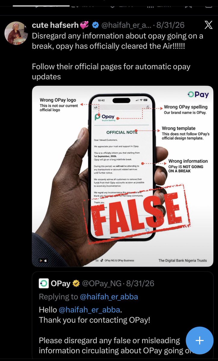 Cool_Ustaz's tweet photo. Let it be clear that we do not support or condone the recent actions taken by @OPay_NG regarding the arrest of @haifah_er_abba (Cute Hafserh). What OPay did is completely wrong and unjustifiable. 

A few weeks ago, she mistakenly shared a viral fake graphic about OPay. The moment the organization flagged it, she did the honorable thing: she deleted the post, pinned a public apology, and cleared the air. For OPay to turn around and have her arrested after she fully complied with their request is a massive abuse of power. It shifts the narrative from protecting a brand to corporate oppression. 

Legally, Section 39 of the 1999 Constitution of Nigeria protects Freedom of Expression. Turning a corrected mistake into a criminal arrest is completely out of line. While we are deeply disappointed by OPay’s heavy-handed actions, we are still appealing to their management to swallow their pride, accept her initial apology, and release her immediately. 

Furthermore, to those celebrating her arrest this goes entirely against Islamic teachings. Islam commands us to show mercy and seek reconciliation, not to rejoice in the distress of others. We stand against this unfair treatment. OPay must do the right thing, fix this mistake, and free Hafserh.