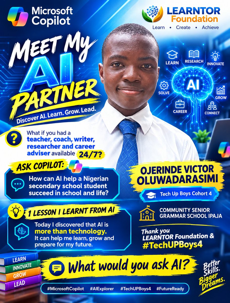 Victor_Ojerinde's tweet photo. 🚀 Today I discovered that AI is more than technology. It can help me learn, grow and prepare for my future. Thank you LEARNTOR Foundation &amp; #TechUPBoys4. What would you ask AI?
#Learntorfoundation 
@Learntorfoundan @africastechdr @followlasg @jidesanwoolu https://t.co/BwP0OXAlNk
