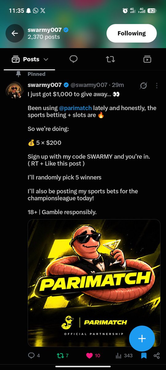 InbornRisk's tweet photo. @swarmy007 @parimatch I wanna be retired by you Legend 

Thanks for the opportunity of putting smile on people's face and changing lives

I have joined through your code @swarmy007 

And I'm following closely on all your future bet predictions 

Hope you see me 🙏 https://t.co/lBGVrfD5Cu