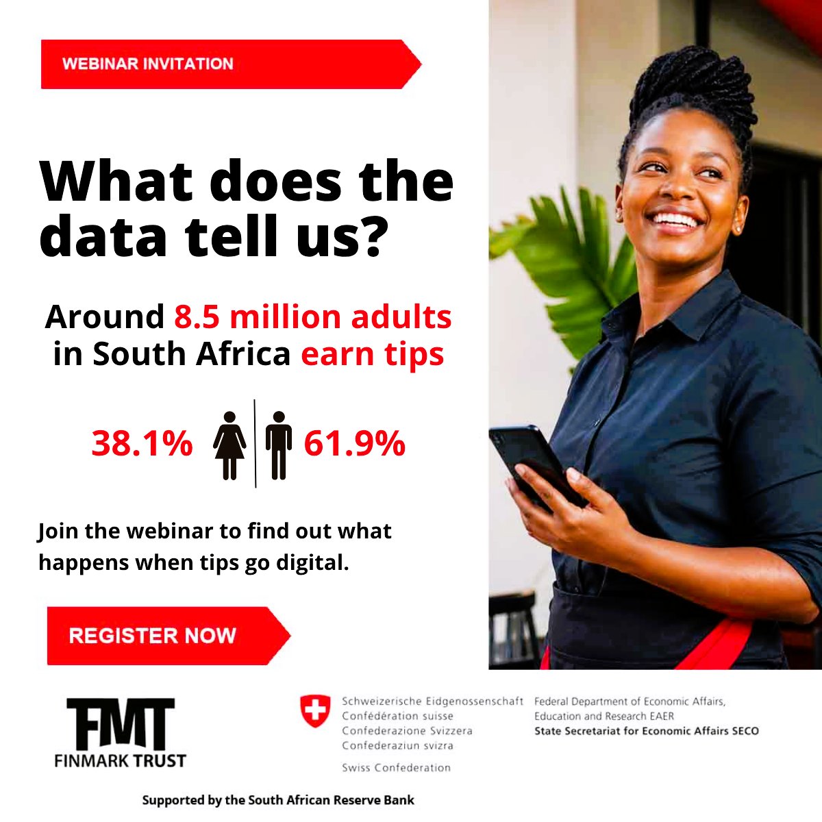 Finmarktrust's tweet photo. What does the evidence tell us about tipping in South Africa? We’ll look at updated #FinScope data and share lessons from two #DigitalTipping pilots at our upcoming webinar.
Join us for more on what we’re learning from implementation.
👉 Register: https://t.co/sYLCGzub7T https://t.co/eRdzukODk1