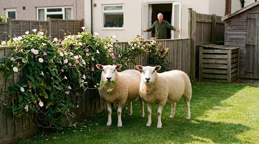 SamaHoole's tweet photo. Pat and Margaret were in Steve's garden on Wednesday morning, two retired Texel ewes who have never in their lives left a field under their own steam, and Keith was not with them.

Steve found them at the compost, standing side by side the way they stand everywhere, looking at the bindweed like two women told to wait outside a shop, and they did not run when the back door opened, because nothing has chased them in a decade.

Steve rang Dave.

Dave's account: the yard gate was open, the field gate was open, and the goat, who has had those two ewes following him at thirty metres for a year without once acknowledging them, walked them through both gates, along the boundary, through the gap where the corner post used to stand, and into Steve's bindweed, and then went back to Dave's side and got on with the bramble.

Steve's account: "He's delegating."

The ewes came home for a bucket. They did not know they had been anywhere.

Steve did not write. He watched two sheep leave his garden with a mouthful of his bindweed apiece, looked at the goat on the other side of the wire, who was not looking at him, and went in.

Dave's log: "Pat and Margaret in Steve's. He put them there. He is training a workforce."