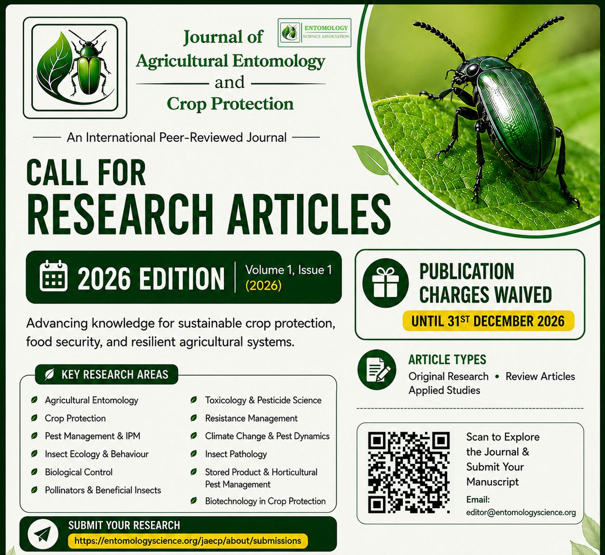 EntoSciAssoc's tweet photo. 🌿 Call for Research Articles | 2026
The Journal of Agricultural Entomology and Crop Protection invites submissions for Vol. 1, Issue 1 (2026)
📝 Submit Manuscript- https://t.co/MzdVWdOGD8
#Entomology #CallForPapers #ResearchPublication #AgriculturalResearch https://t.co/PArWQnu24c
