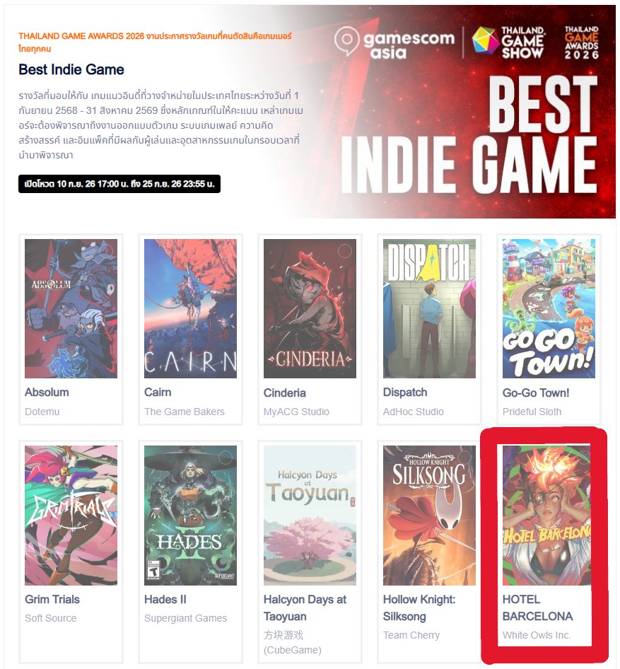 Swery65's tweet photo. Thailand Game Awards 2026、3部門にノミネート!
Best Indie Game/Best Action Game/Popular Vote
投票は9/25まで。サイト右上からログイン後、各部門でHOTEL BARCELONAを選んで投票をお願いします!
https://t.co/yNZimMxvKL
#ホテルバルセロナ #インディーゲーム #ホラーゲーム #gamescomasia https://t.co/mrN2bHC3zc