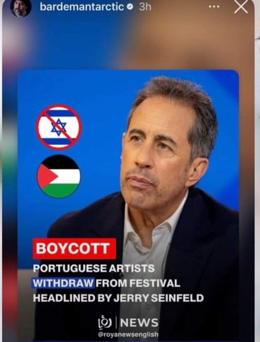Malcolm_Pal9's tweet photo. Spanish actor Javier Bardem shared an Instagram Story featuring a post calling for a boycott of American actor and comedian Jerry Seinfeld, over his support for Israel amid the war in Gaza. https://t.co/rL774Cd3te