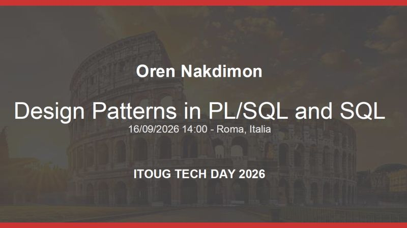 IT_OUG's tweet photo. Oren Nakdimon, oracle ACE Director ... cosa vogliamo di più?
https://t.co/6TCnLHpsD2

Per iscriversi:
https://t.co/8cbCXTimla https://t.co/5ty8wBU1nR