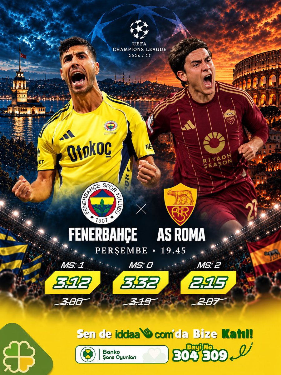BankoSans's tweet photo. 🇹🇷UEFA Şampiyonlar Ligi'nde temsilcimiz Fenerbahçe, 18 yıl sonra ilk maçına çıkıyor!

🆚Fenerbahçe - AS Roma
⌚️19:45 

➡️Karşılaşma, 👑Kral Oran ayrıcalığıyla 📲https://t.co/cundOhU26O 'da.

#iddaa #kraloran #ucl #fenerbahçe #roma https://t.co/T4OKezlNlR