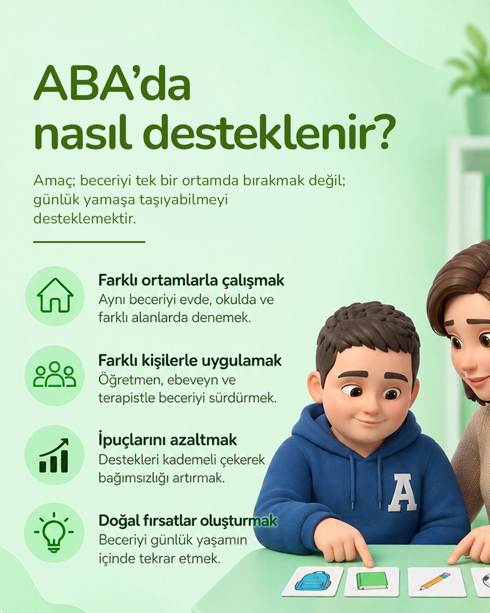 abaotizm's tweet photo. Bir beceriyi öğrenmek, onu her ortamda kullanabilmek anlamına gelmeyebilir. Genelleme becerisi doğru destekle gelişir.

#abaotizm #otizm #genelleme #çocukgelişimi https://t.co/OTxrVx85rt
