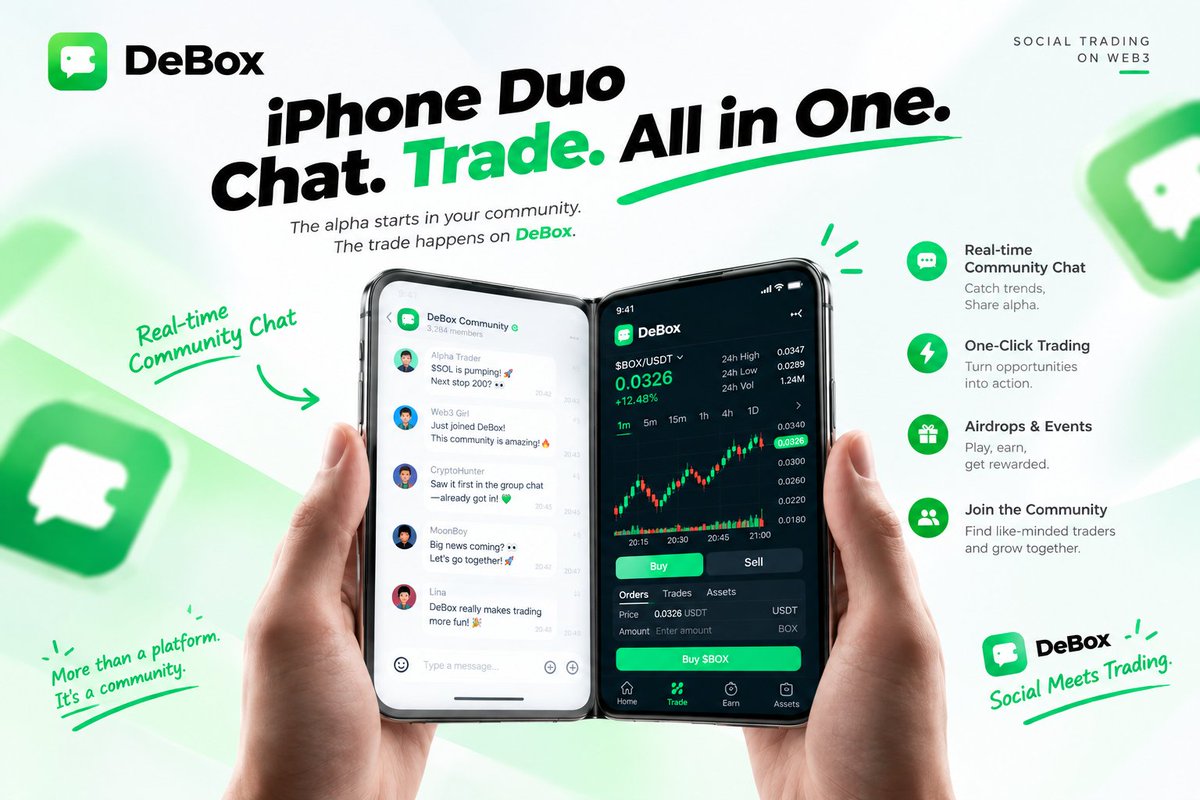 DeBox_Social's tweet photo. Chat. Discover. Trade — all on DeBox. 🟢

👀See the alpha in your community.
Catch the opportunity.
📈Trade it directly on DeBox.

🎉DeBox is where Social meets Trading.
https://t.co/X7outiSvIv
#DeBox #Web3 #Crypto https://t.co/S8tcr2bQjE