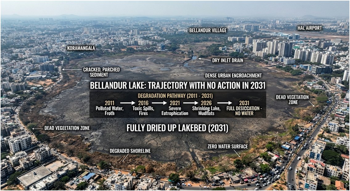 KYBIAOrg's tweet photo. What will Bellandur Lake look like in 2031 if we take NO action? An open sewage tank prone to frequent frothing, fires, and extreme flood risks across ORR and Whitefield. We must choose ecological restoration today! 
To save Bellandur Lake, please sign the Petition https://t.co/byuHLVnwUy