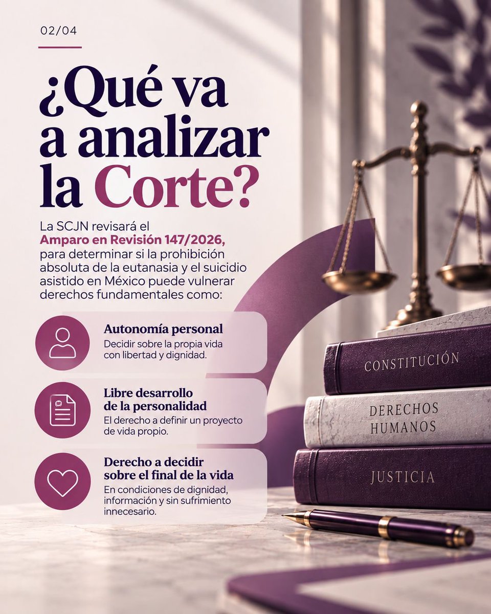 gabyvilledam's tweet photo. En el Día Mundial para la Prevención del Suicidio, abordamos con sensibilidad un debate jurídico relevante:

La SCJN analizará si la prohibición de la eutanasia y el suicidio asistido en México es compatible con los derechos fundamentales.

#SCJN #DerechosHumanos #GabyVilleda https://t.co/lD9yc8s2go