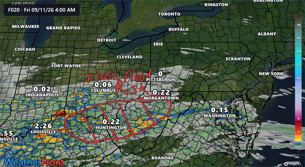 AppalachiaWx's tweet photo. Flash Flooding Possible Today Across Parts of The Central Appalachians!!!

Summary: 

As of Thursday morning, a frontal boundary is stalled across the Central Appalachians. An area of low pressure will ride eastward along the boundary through the day. leading to a potential for flash flooding for portions of our region. At this point, it appears the area that is most likely to experience flash flooding today is in the highlighted area. As we head into the afternoon hours, surface-based instability will build due to the heating of the day. There will also be elevated dew points along and south of the boundary. These ingredients will combine to create the risk of flash flooding today. 

Safety Tip: 

The heavy rainfall and flash flooding potential today will be in an area with hilly terrain. This can help to enhance the flash flood risk and create life-threatening situations for those in flood prone areas.  Be sure to get to higher ground if flash flood warnings are issued for your location.  

#KYWX #WVWX #OHwx #flashflooding #WeatherUpdate #FloodSafety