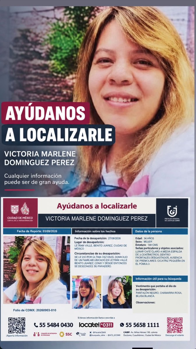 Hechizero_38's tweet photo. ⚠️ NECESITAMOS TU APOYO ⚠️
Ya son 14 días que no se sabe nada de Marlene, su familia está muy angustiada. Cualquier información será de gran ayuda 🙏
@BJAlcaldia @BicireporteraDF @supercivicosmx @lopezdoriga @azucenau @SSC_CDMX https://t.co/PLyVigX1J0