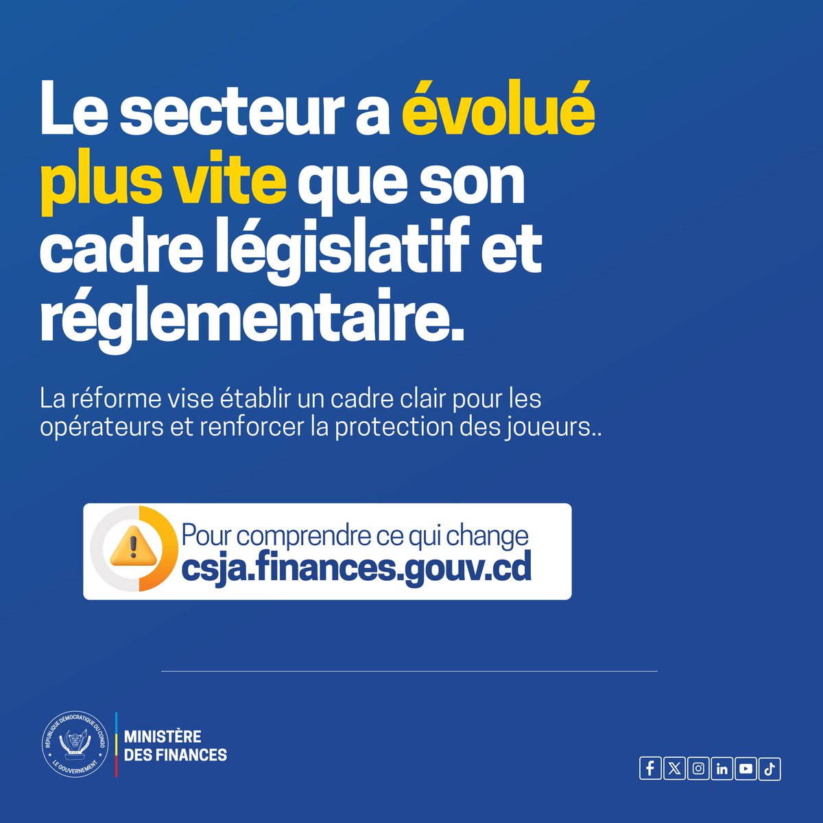 CSJARDC's tweet photo. Qui sommes-nous ? 

Instituée au sein du @financesrdc, la CSJA veille à la surveillance et à l’encadrement du secteur des jeux d’argent en RDC.

👉🏾 Découvrez ses missions et son rôle dans la réforme du secteur.

#CSJA #FinancesEnRdc #RDC https://t.co/lp18bIvBx0