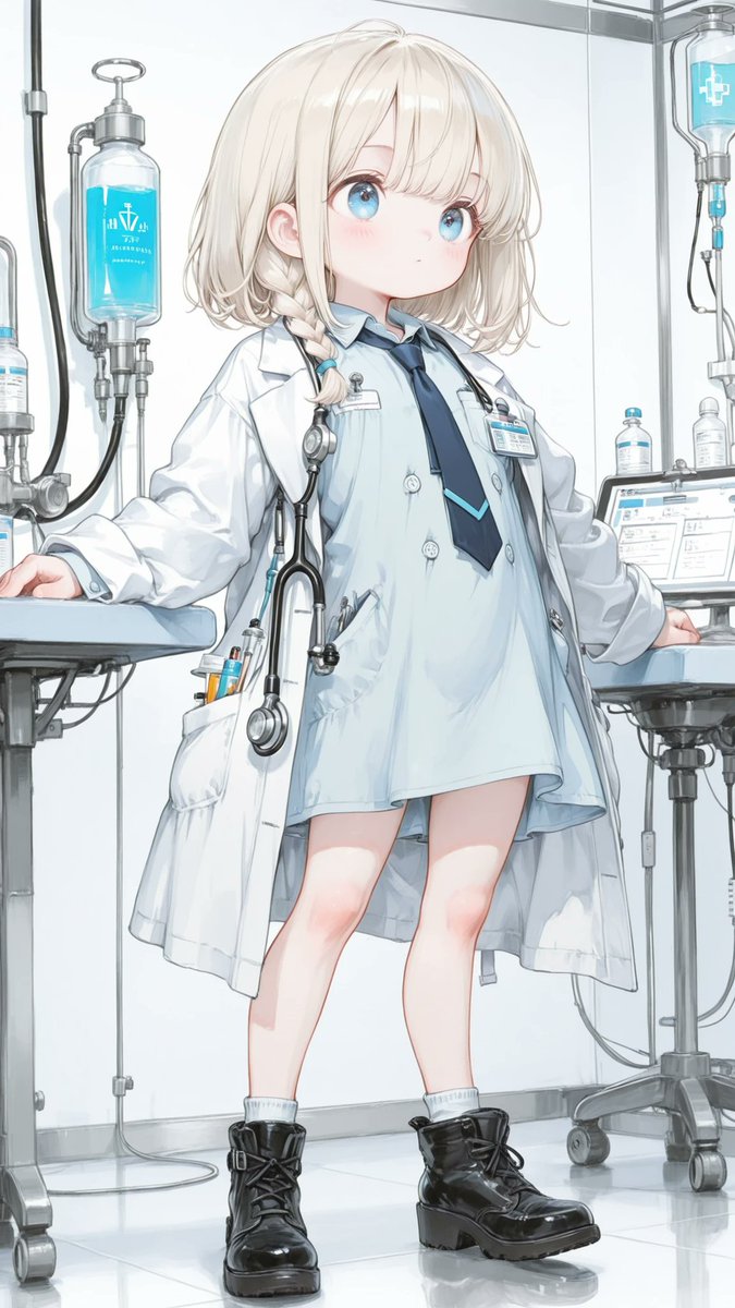 AliceLavli's tweet photo. ドクターのユニフォームの衣装プロンプトをどうぞ✨
outfit only, strict garment structure, strict color placement, professional medical researcher outfit, crisp pure-white knee-length laboratory coat, tailored straight silhouette, structured notched lapels, long fitted sleeves, buttoned cuffs, five white front buttons, one chest pocket, two large rectangular hip pockets, subtle back vent, clean opaque cotton-blend fabric, pale blue collared dress shirt worn beneath the coat, shirt fully tucked in, narrow navy-blue necktie, charcoal-gray straight-leg slacks, slim black leather belt with a small silver buckle, plain black closed-toe leather shoes, rectangular hospital identification badge clipped only to the left chest pocket, silver stethoscope resting naturally around the neck, practical clinical appearance, white restricted to the laboratory coat, pale blue restricted to the shirt, navy restricted to the tie, charcoal gray restricted to the trousers, black restricted to the belt and shoes