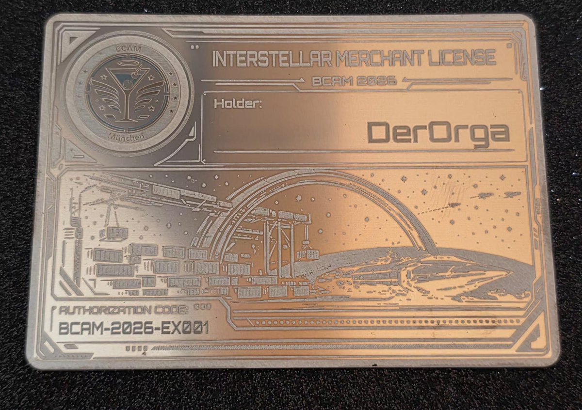 DerorgaLaserAW's tweet photo. Bar Citizen Allershausen BCAM 2026 Community Card 
Stainless steel card 88x63mm
 
#Edelstahlkarte #EdelstahlCoins #stainlesssteel #Lasergravur #Shadowmoses #StarCitizen #organization #SciFiDesign #CustomCards #DesignInspiration #FanConvention #Stahlkunst #Handmade #GeekCulture #Sammlerstück #UniqueDesign #Barcitizen #bcam @fliegonodrom