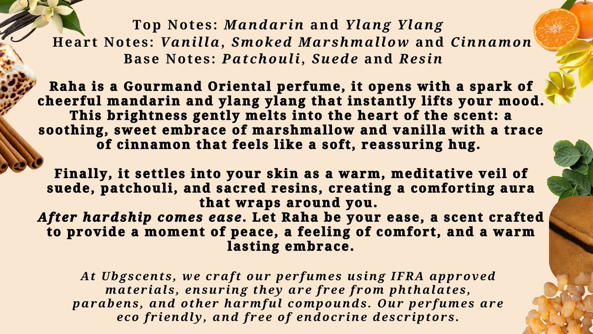 ubgscents's tweet photo. Raha is that fragrance that makes you fall in love.

This is a very mature Vanilla fragrance, it's cozy and intimidating 

Perfect for date night or evening outing.

Available in EDP
50ml 85,000

Extrait 
30ml 70,000
20ml 50,000
10ml 25,000
#rahabyubgscents
#perfumebrandinnigeria https://t.co/kHYy3Bl4E9