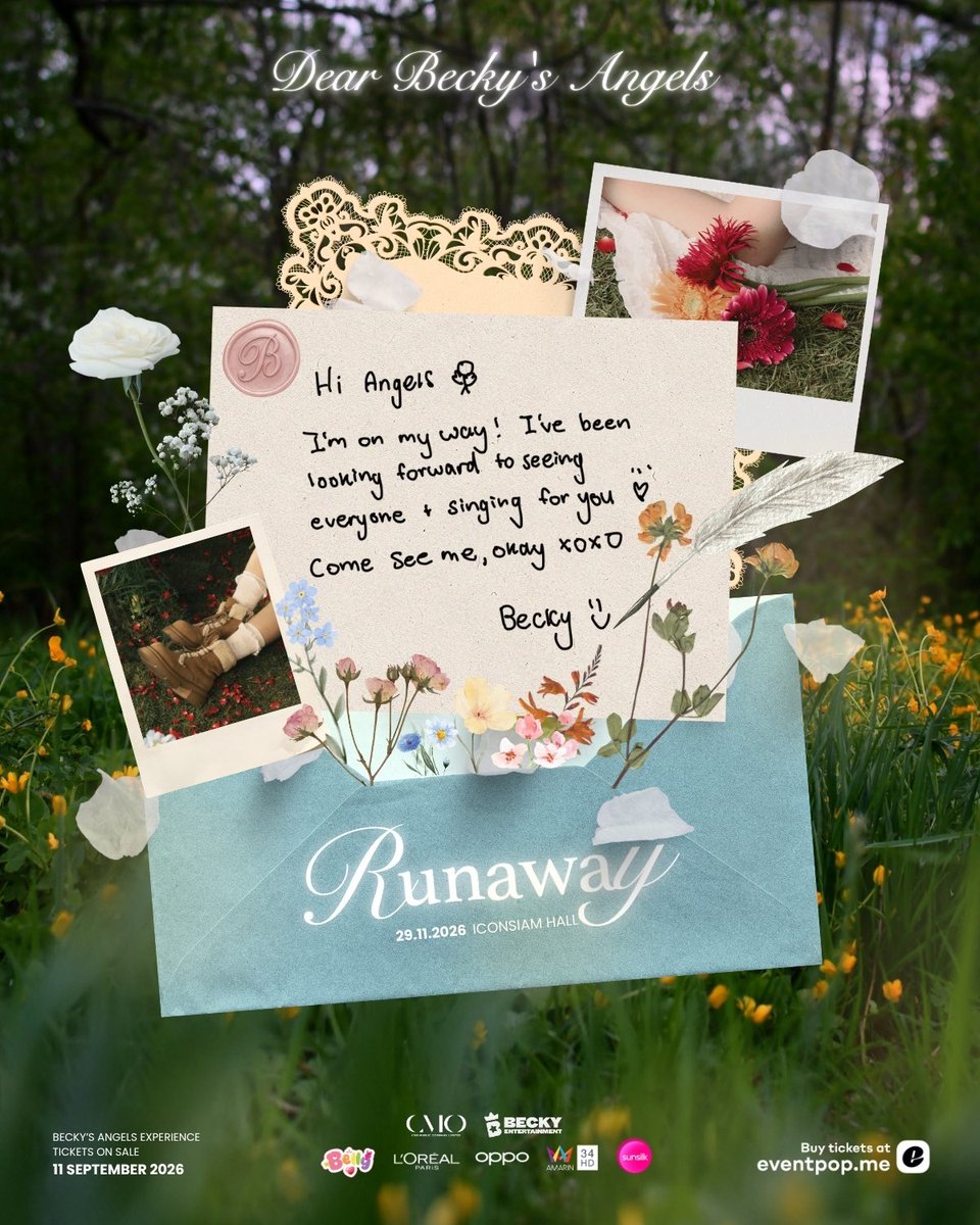 beckyentofc's tweet photo. BEFORE THE JOURNEY BEGINS… 📖🌹

Before she runs away, there are stories waiting to be discovered.
A little glimpse into the world she’s leaving behind… ✨

ก่อนออกเดินทาง อยากชวนทุกคนมาค้นพบเรื่องราวและความทรงจำที่ซ่อนอยู่ใน The Runaway Exhibition ไปด้วยกันนะคะ 🤍

Come see where her stories live. 👀💌

━━━━━━━━━━━━━━

RUNAWAY BECKY CONCERT 2026
29 November 2026 | ICONSIAM Hall

THE RUNAWAY EXHIBITION ✨

LIVE STREAMING TICKET SALE
📅 6 September 2026
⏰ 10:00 AM (GMT+7)
🎟️ Available via Eventpop

BECKY’S ANGELS EXPERIENCE — TICKET SALE
📅 11 September 2026
⏰ 10:00 AM (GMT+7)
🎟️ Available via Eventpop

#BeckyConcert2026 #RunawayConcert #BeckysAngels #BeckyEntertainment