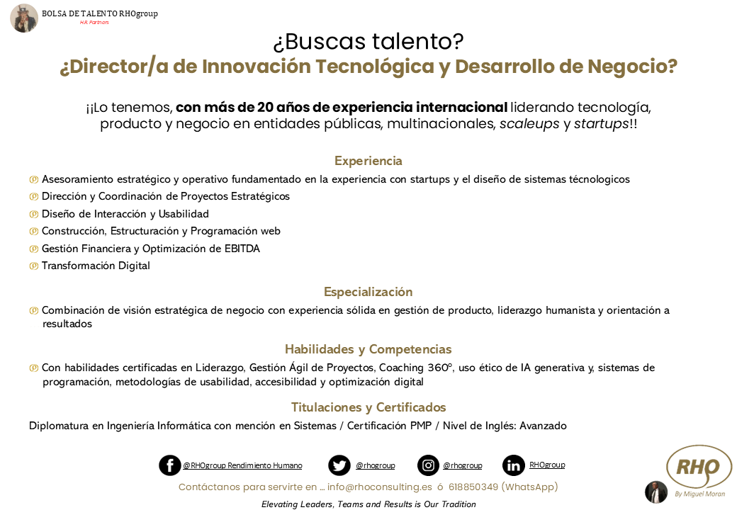 RhoGroup's tweet photo. ⭐ Encuentra el talento adecuado para acelerar tu próxima etapa⭐
Hoy la Bolsa de Talento presenta un Director/a de Innovación Tecnológica y Desarrollo de Negocio

El proyecto de la Bolsa de Talento de RHOgroup está liderado por @Mmoranrho
 
 #Headhunting #Reclutamiento https://t.co/huKerVRkxT
