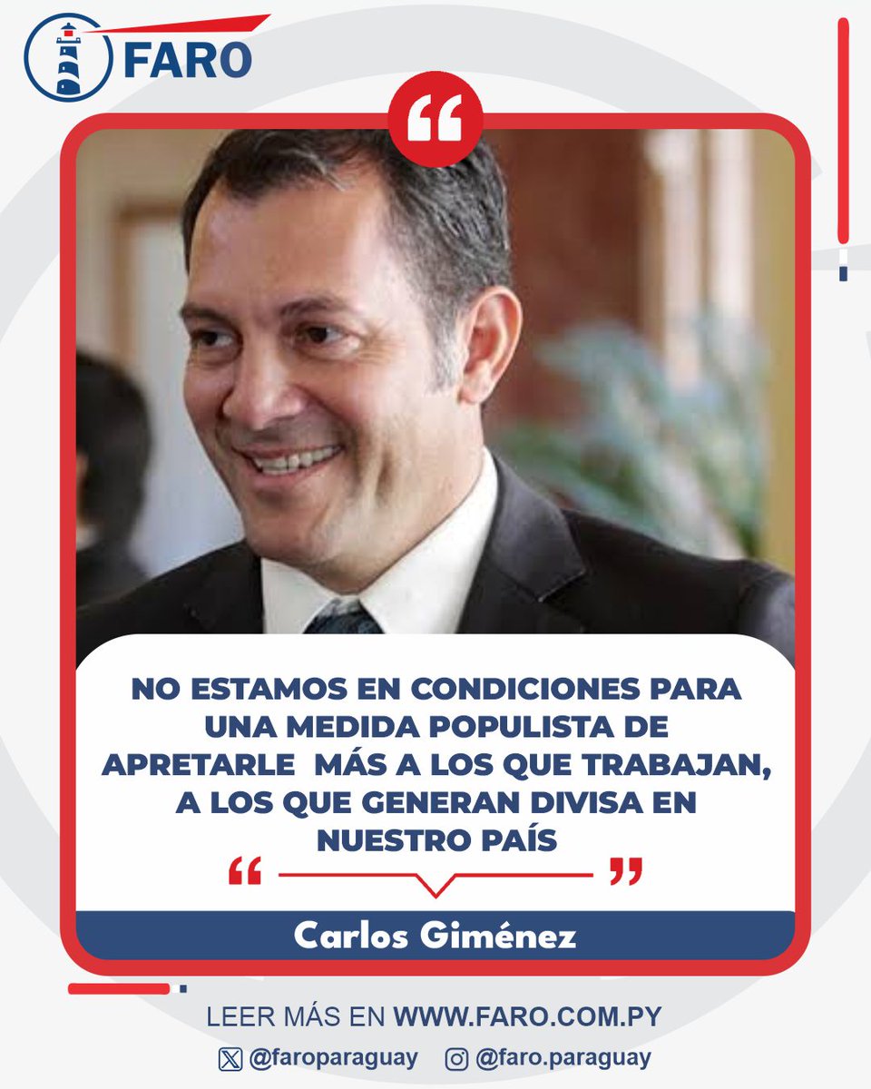 FaroParaguay's tweet photo. MAG rechaza un aumento de impuestos al sector agropecuario

El ministro de Agricultura y Ganadería, Carlos Giménez, confirmó que el Ejecutivo mantiene una postura contraria a elevar la carga tributaria sobre el sector productivo y sostuvo que una medida de ese tipo tendría un impacto fuerte.

Agregó que la baja presión tributaria es parte de la estrategia para mantener al país atractivo para la inversión y señaló que el sector agropecuario continúa siendo uno de los principales generadores de divisas.