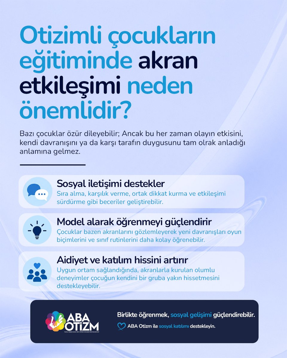 abaotizm's tweet photo. Akran etkileşimi; sosyal iletişimi, öğrenmeyi ve aidiyet duygusunu destekler.

#abaotizm #otizm #akranetkileşimi #sosyalgelisim #farkındalık https://t.co/wq7xIywdhP