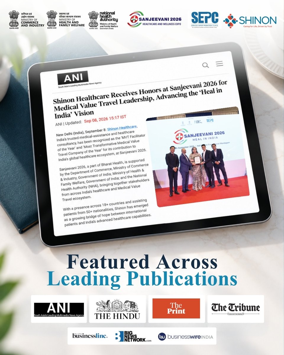 Shinon_global's tweet photo. 180+ publications later, we’re still grateful for the trust that started it all.

#ShinonHealthcare’s recognition at Sanjeevani 2026 as MVT Facilitator of the Year and Most Transformative Medical Value Travel Company of the Year has received widespread coverage. #BharatHealth https://t.co/YlKhAFWTPn