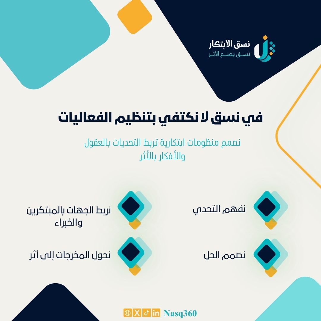 Nasq360's tweet photo. الابتكار لا يبدأ بالحل، بل بفهم التحدي.
في نسق، نبني الرحلة التي تجمع التحديات بالعقول المناسبة، وتحول الأفكار إلى أثر قابل للتطبيق.
🔸 نسق الابتكار | من التحدي إلى الأثر
#نسق_الابتكار #NASQ360 #الابتكار #الابتكار_المفتوح https://t.co/QrZFw8rzSp