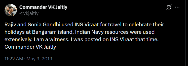 BJP4JnK's tweet photo. 1987, Lakshadweep

Punjab = bloodbath. Kashmir = insurgency. IPKF = coffins from Sri Lanka.

And Rajiv Gandhi = Sunbathing with the family, using INS VIKRANT as a private ferry.

Booze, beaches and babus - all on taxpayer money.

This is not a former PM, this is the original founder of 'Taxpayer Ke Paison Pe Aish' club.