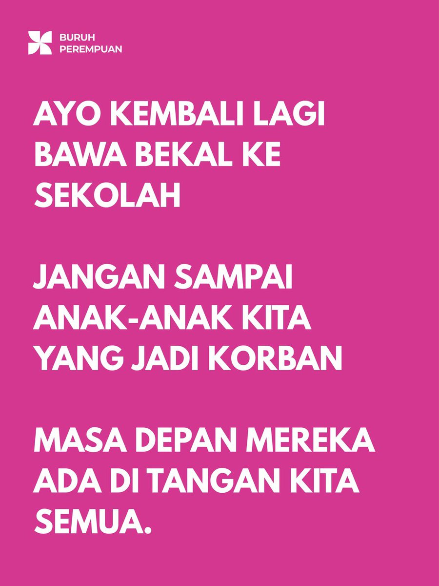 rebukanrain's tweet photo. GERAKAN BAWA BEKAL KE SEKOLAH

Biarkan MBG fokus untuk:
1. Daerah dengan angka stunting tinggi
2. Wilayah 3T (Tertinggal, Terdepan, Terluar)
3. Daerah dengan rawan krisis pangan

Efisiensi anggaran MBG, bukan efisiensi anggaran seluruh sektor demi MBG. https://t.co/7SdC9Ox9rY