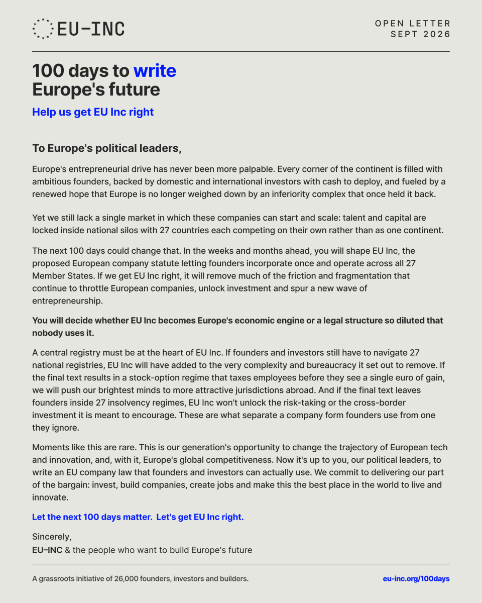 vojtech's tweet photo. 40+ unicorn founders and Europe's leading investors are writing to Europe's policymakers today, urging them to get EU–INC right! @euinc_petition https://t.co/DTxmc4xKR4