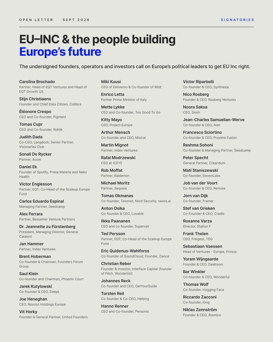 vojtech's tweet photo. 40+ unicorn founders and Europe's leading investors are writing to Europe's policymakers today, urging them to get EU–INC right! @euinc_petition https://t.co/DTxmc4xKR4