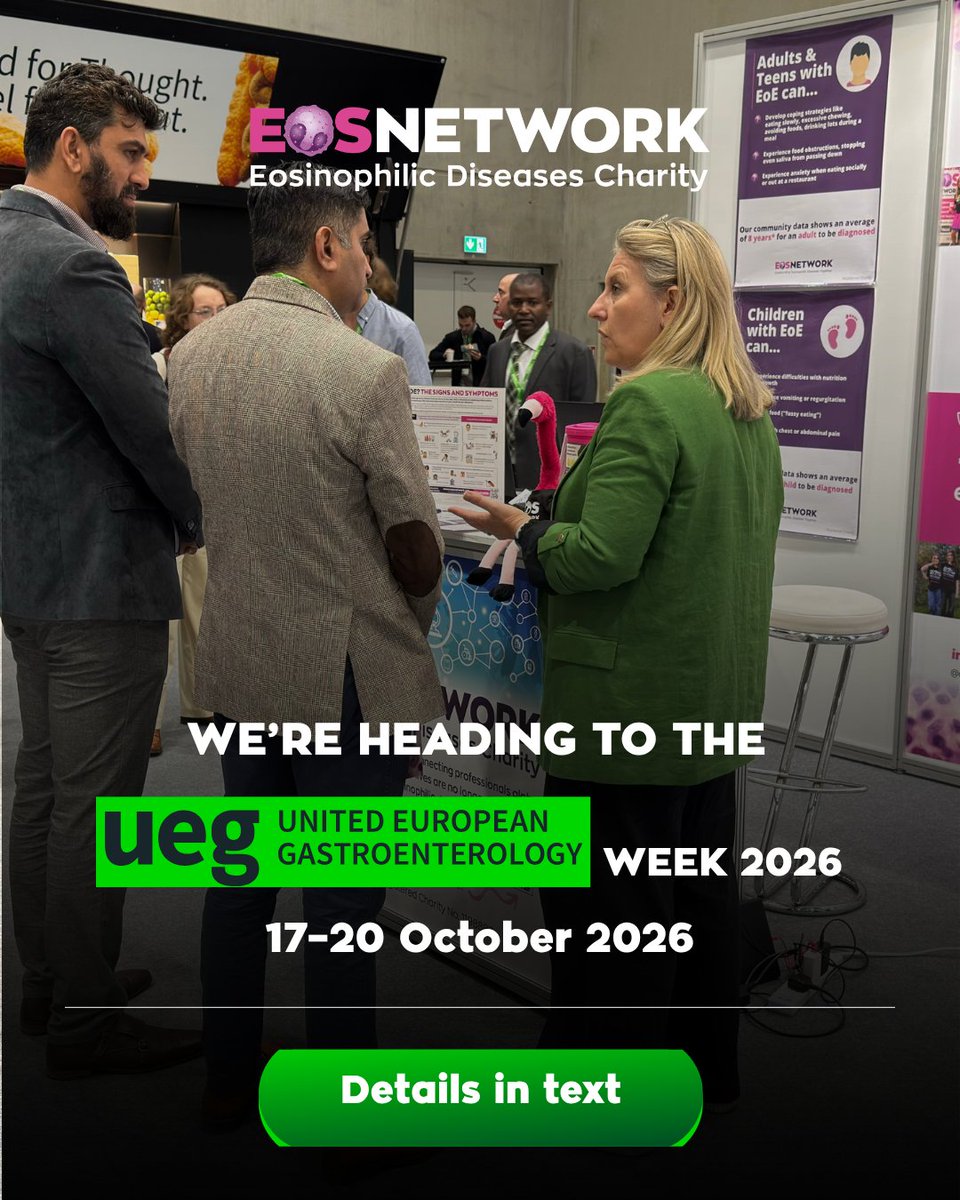 CharityEos's tweet photo. We’re exhibiting at @my_ueg conference week! Meet us in the community Hall! #UEGWeek2026 brings together the gastroenterology community who can directly influence the future of #eosinophilicdisease care. More information here👉 https://t.co/8GmR0xu2BZ Comment if you're attending! https://t.co/1JwrbXl48O