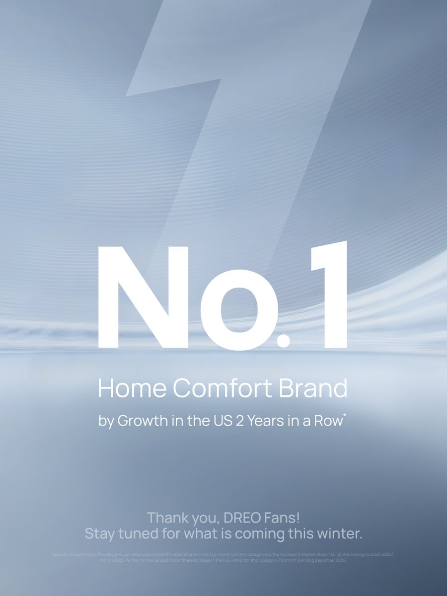DREOofficial's tweet photo. Two years. No.1 in U.S. Home Comfort Growth. Across air purifiers, humidifiers, and heaters — none of it happens without you. Thank you, and stay tuned for what's coming this winter.

#DREOatIFA #DREOAirMastered #IFA2026 #SmartHome #AirIntelligence https://t.co/ipp4ESKMWg