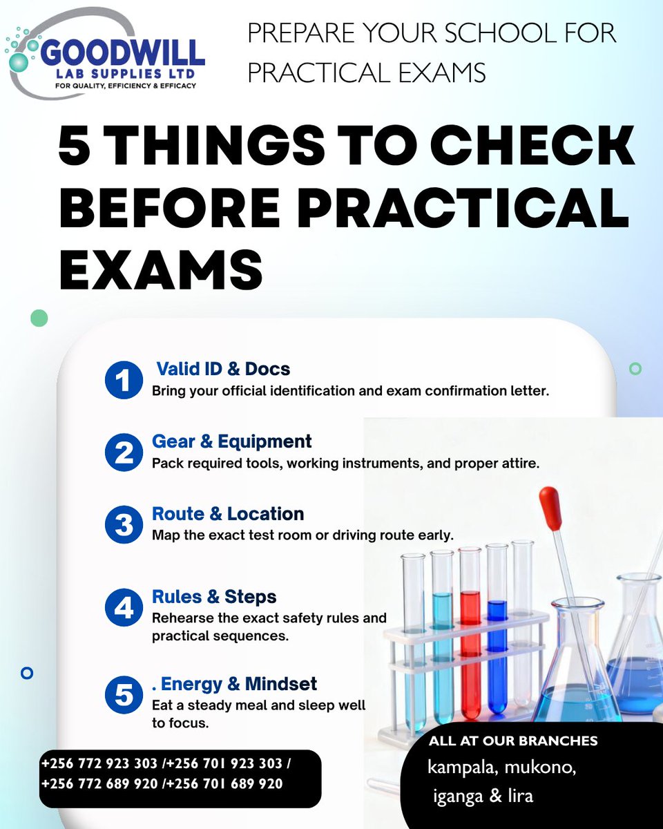 goodwilllab's tweet photo. 5 things to check before Science Practical Exams:

1️⃣ Documents
2️⃣ Equipment
3️⃣ Exam location
4️⃣ Practical rules
5️⃣ Student focus &amp; energy
Is your school ready?
Goodwill Lab Supplies supports schools with laboratory apparatus, chemicals, specimens &amp; practical materials. https://t.co/EazdytqlSB