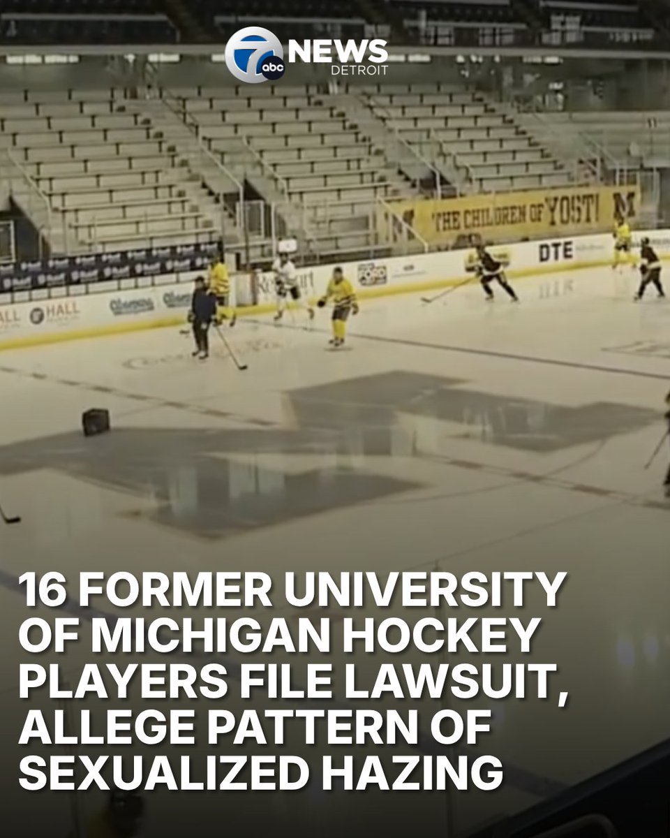 wxyzdetroit's tweet photo. Sixteen former University of Michigan hockey players who played between 1984-2001 have filed a lawsuit against the university and its board of regents, alleging they were sexually abused as part of hazing traditions. https://t.co/OpNTFqVQnr https://t.co/zXY2RczmuP