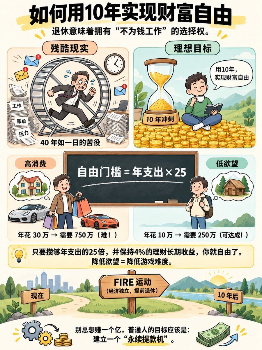 IrisXnotes's tweet photo. 财富自由的门槛不是1000万，而是你年支出的25倍。

年花10万，250万就够；年花30万，需要750万。

同样工作40年，有人10年就能自由，差距就在存下多少。存10%收入，需要工作51年；存30%，需要28年；存65%，只需要10.5年。储蓄率比回报率更关键。

分享普通人10年实现财富自由的路径：

前1-3年，疯狂做减法。
砍掉面子社交、快时尚、贵价房租、用不上的年卡，像斯巴达战士一样记账、断舍离，先攒出第一桶金。极简不是苦行，是“如无必要，勿增实体”。

第4-7年，打造现金流奶牛。
指数基金/ETF、红利股/REITs、低风险债基，追求年化8%-10%的稳健复利。别杀鸡取卵，要养会下金蛋的鸡。同时警惕生活方式膨胀。收入增加，支出也跟着增加，就永远跑不出老鼠赛跑的圈子。涨薪应该等于增加投资，而不是增加消费。｜

第8-10年，双轮驱动冲刺。
一边是被动投资收入，一边是轻资产副业或爱好收入。当被动收入大于生活支出，游戏通关。

自由的真相不是游手好闲，而是拿回时间的掌控权。你可以继续工作，但为了热爱，而不是为了生存。

算一下你的自由门槛（年支出×25），今天开始记账，存下第一笔“自由基金”。最好的开始时间是十年前，其次就是现在。