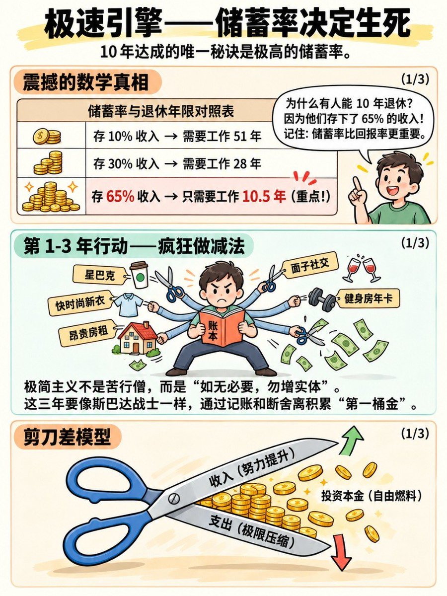 IrisXnotes's tweet photo. 财富自由的门槛不是1000万，而是你年支出的25倍。

年花10万，250万就够；年花30万，需要750万。

同样工作40年，有人10年就能自由，差距就在存下多少。存10%收入，需要工作51年；存30%，需要28年；存65%，只需要10.5年。储蓄率比回报率更关键。

分享普通人10年实现财富自由的路径：

前1-3年，疯狂做减法。
砍掉面子社交、快时尚、贵价房租、用不上的年卡，像斯巴达战士一样记账、断舍离，先攒出第一桶金。极简不是苦行，是“如无必要，勿增实体”。

第4-7年，打造现金流奶牛。
指数基金/ETF、红利股/REITs、低风险债基，追求年化8%-10%的稳健复利。别杀鸡取卵，要养会下金蛋的鸡。同时警惕生活方式膨胀。收入增加，支出也跟着增加，就永远跑不出老鼠赛跑的圈子。涨薪应该等于增加投资，而不是增加消费。｜

第8-10年，双轮驱动冲刺。
一边是被动投资收入，一边是轻资产副业或爱好收入。当被动收入大于生活支出，游戏通关。

自由的真相不是游手好闲，而是拿回时间的掌控权。你可以继续工作，但为了热爱，而不是为了生存。

算一下你的自由门槛（年支出×25），今天开始记账，存下第一笔“自由基金”。最好的开始时间是十年前，其次就是现在。