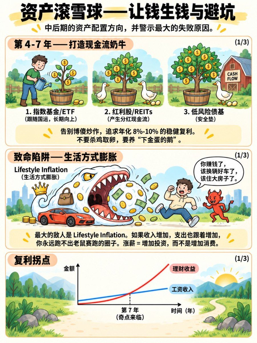 IrisXnotes's tweet photo. 财富自由的门槛不是1000万，而是你年支出的25倍。

年花10万，250万就够；年花30万，需要750万。

同样工作40年，有人10年就能自由，差距就在存下多少。存10%收入，需要工作51年；存30%，需要28年；存65%，只需要10.5年。储蓄率比回报率更关键。

分享普通人10年实现财富自由的路径：

前1-3年，疯狂做减法。
砍掉面子社交、快时尚、贵价房租、用不上的年卡，像斯巴达战士一样记账、断舍离，先攒出第一桶金。极简不是苦行，是“如无必要，勿增实体”。

第4-7年，打造现金流奶牛。
指数基金/ETF、红利股/REITs、低风险债基，追求年化8%-10%的稳健复利。别杀鸡取卵，要养会下金蛋的鸡。同时警惕生活方式膨胀。收入增加，支出也跟着增加，就永远跑不出老鼠赛跑的圈子。涨薪应该等于增加投资，而不是增加消费。｜

第8-10年，双轮驱动冲刺。
一边是被动投资收入，一边是轻资产副业或爱好收入。当被动收入大于生活支出，游戏通关。

自由的真相不是游手好闲，而是拿回时间的掌控权。你可以继续工作，但为了热爱，而不是为了生存。

算一下你的自由门槛（年支出×25），今天开始记账，存下第一笔“自由基金”。最好的开始时间是十年前，其次就是现在。