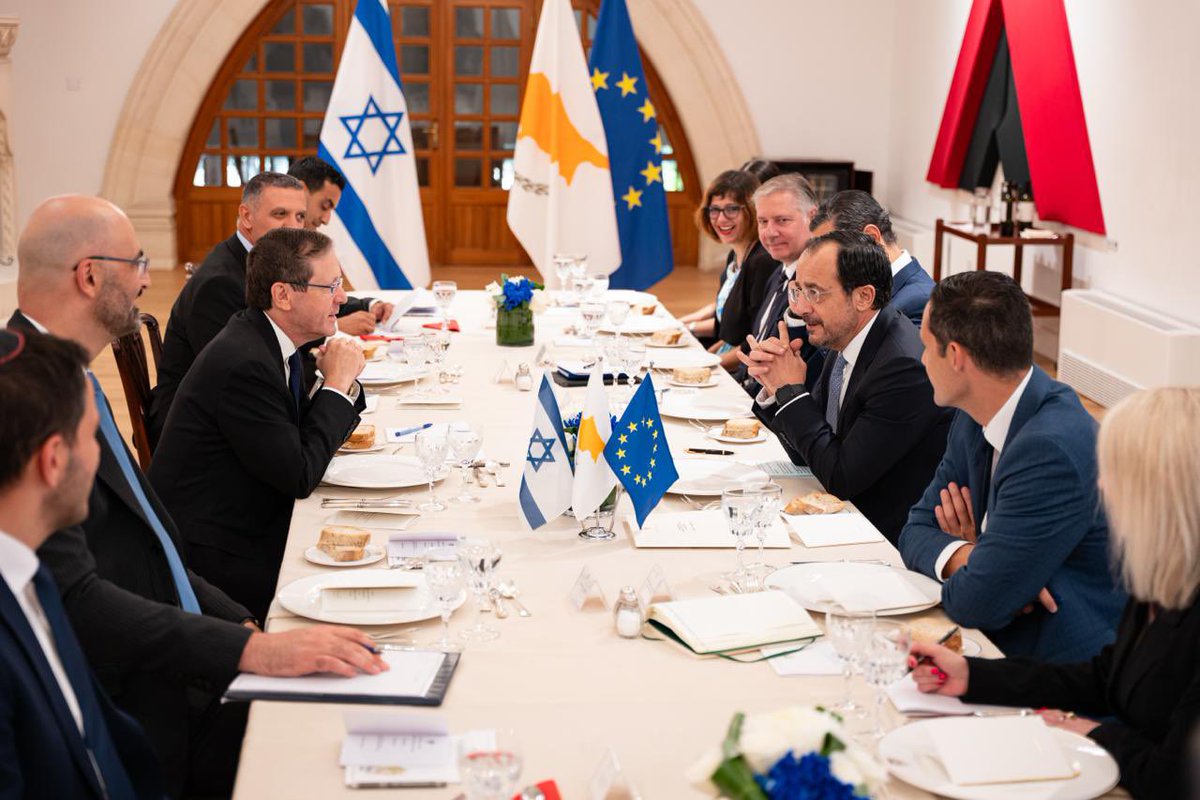 Christodulides's tweet photo. Cyprus and Israel have made strides in our bilateral relations, building a truly strategic partnership.
 
Our relationship is anchored in a broad agenda – from economy, health, trade and energy to infrastructure, education, defence, cybersecurity and maritime security. We are working to translate these into further concrete results.
 
We also see great value in re-energizing our trilateral and 3+1 formats, including with the United States, with a view on engaging like-minded partners, particularly on IMEC and connectivity projects.

🇨🇾🇮🇱
