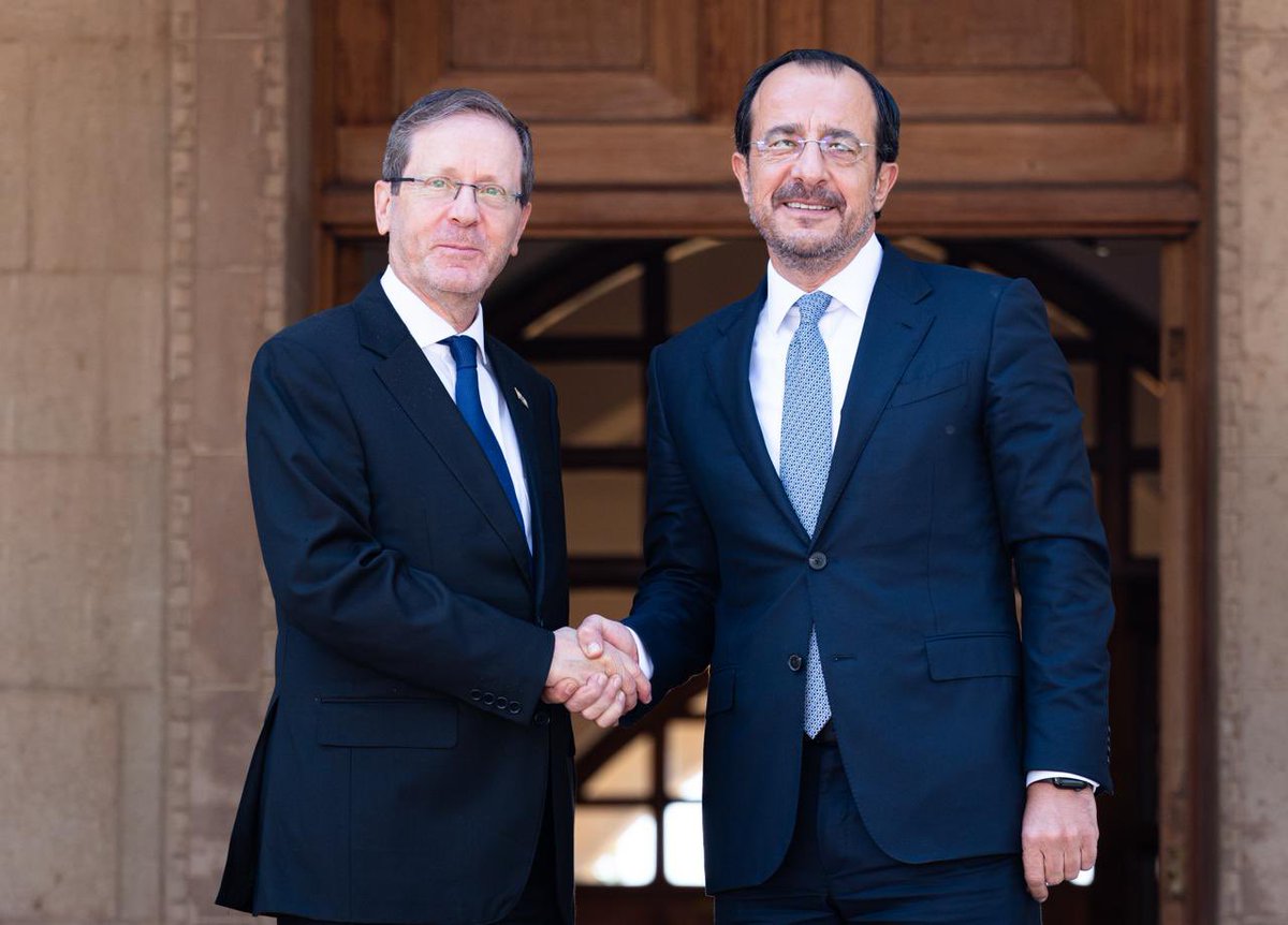 Christodulides's tweet photo. Cyprus and Israel have made strides in our bilateral relations, building a truly strategic partnership.
 
Our relationship is anchored in a broad agenda – from economy, health, trade and energy to infrastructure, education, defence, cybersecurity and maritime security. We are working to translate these into further concrete results.
 
We also see great value in re-energizing our trilateral and 3+1 formats, including with the United States, with a view on engaging like-minded partners, particularly on IMEC and connectivity projects.

🇨🇾🇮🇱